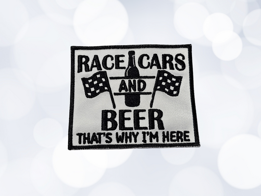 Embroidered Race Cars and Beer Iron On Patch