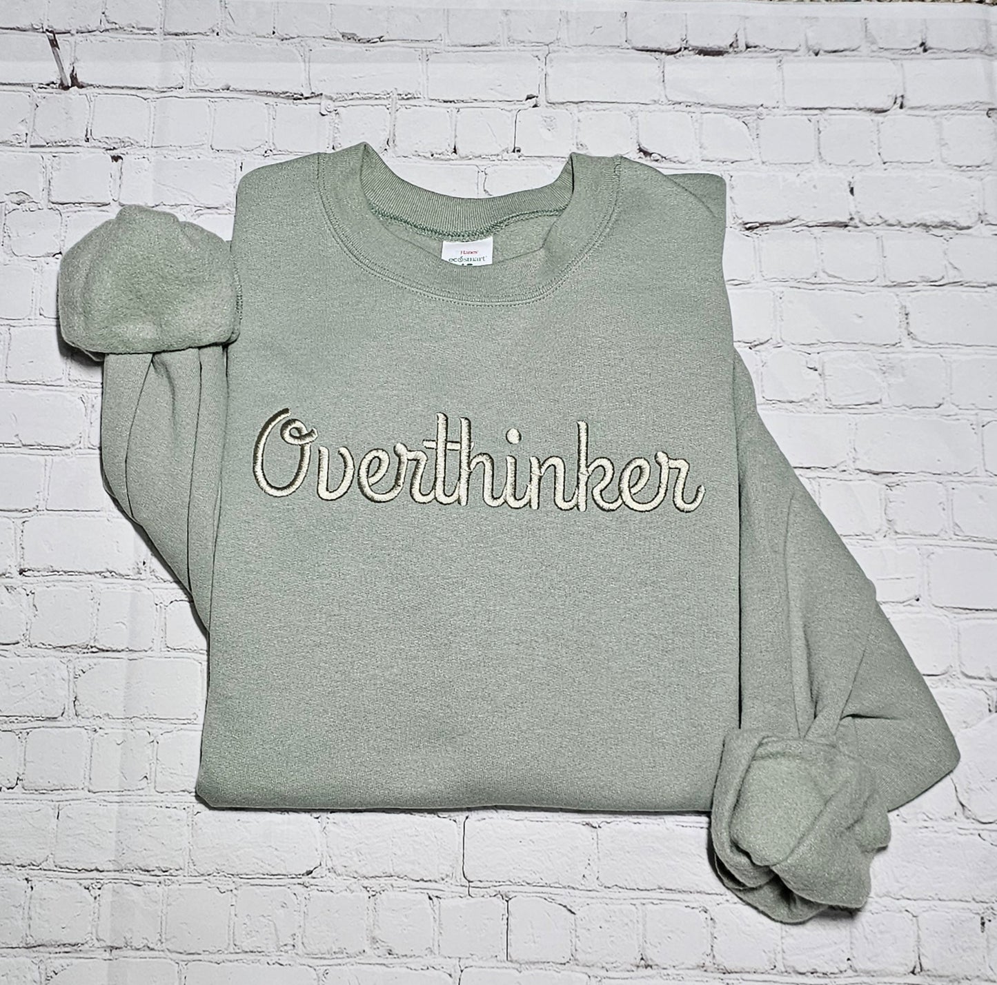 Overthinker Sage Green Embroidered Crewneck Sweater