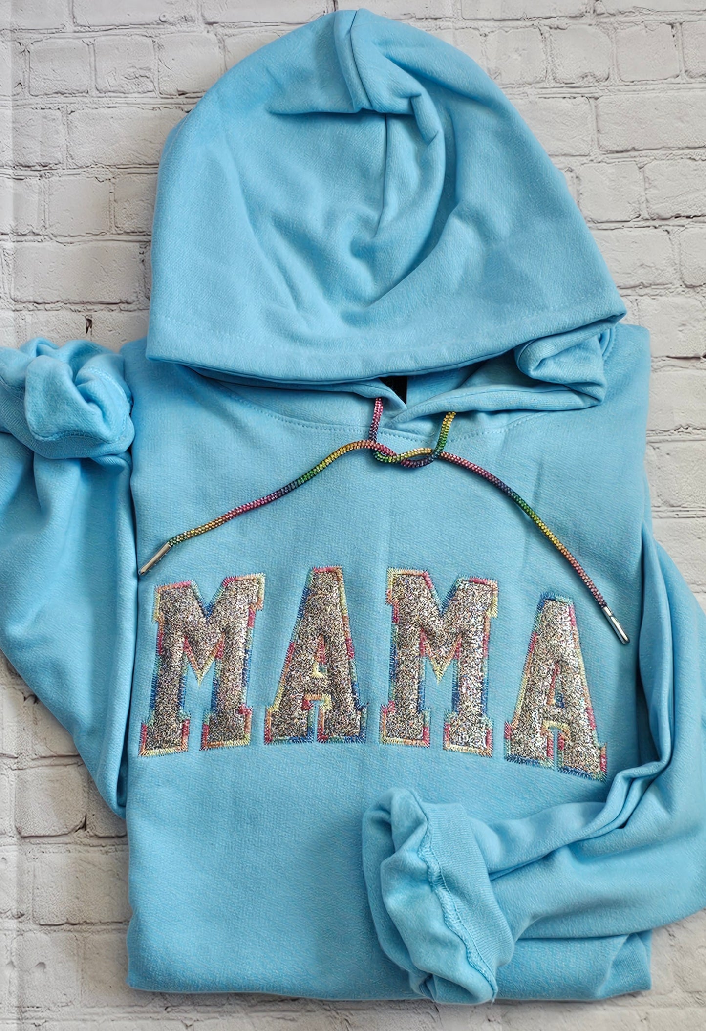 Embroidered applique MAMA hoodie with glitter applique and rhinestone hoodie drawstring