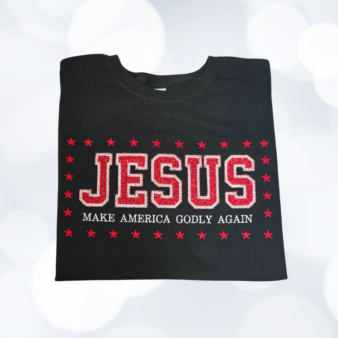 Jesus Make America Godly Again Embroidered Glitter Applique Tshirt