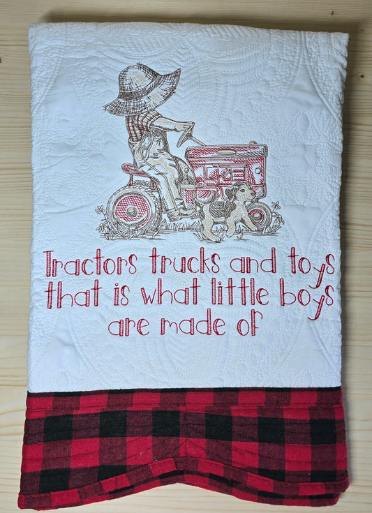 Boy on Tractor Embroidered Buffalo Plaid Quilted Heirloom Baby Blanket