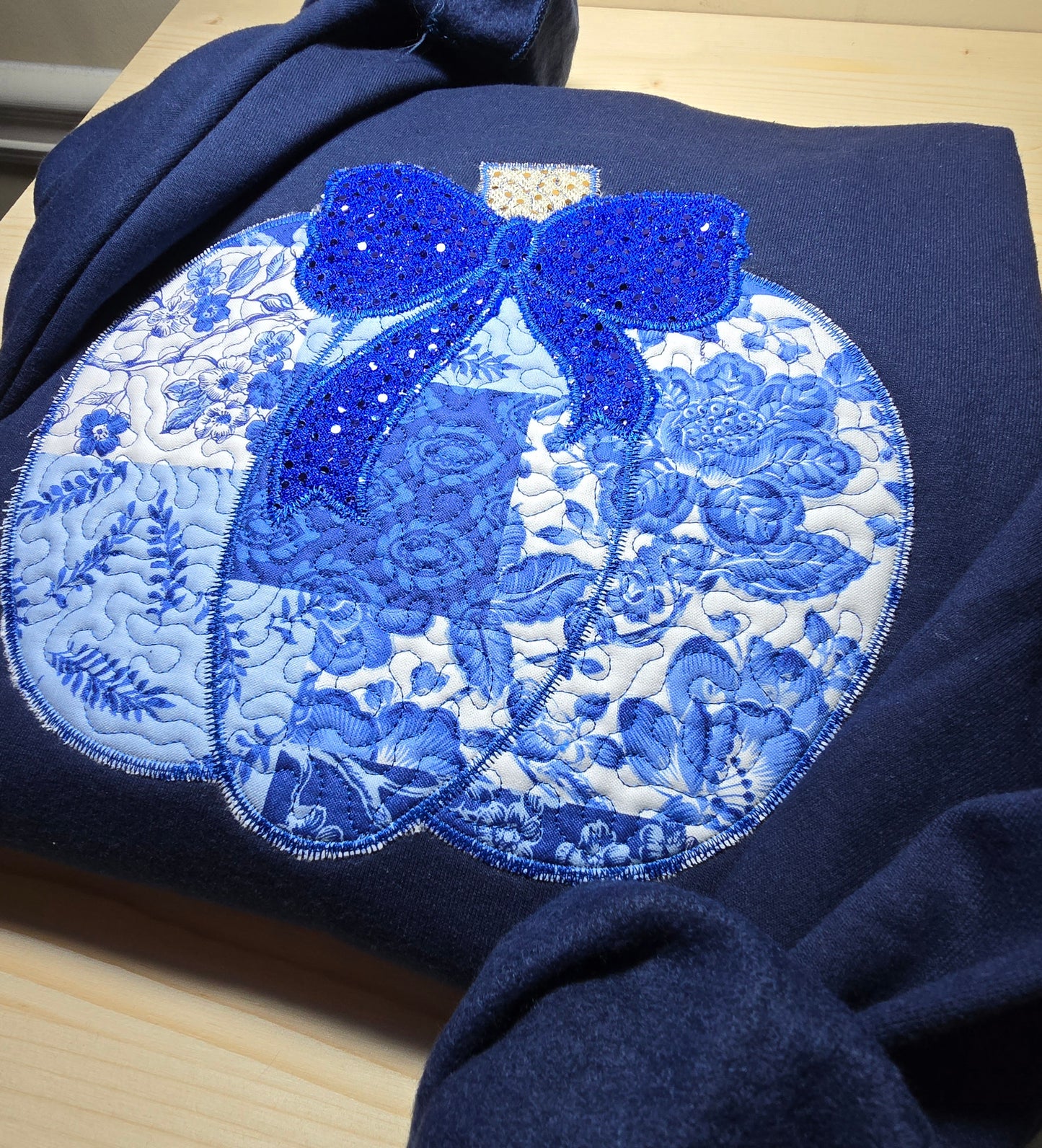 Embroidered Quilted Pumpkin Blue Vintage with Sequins Crewneck Sweatshirt