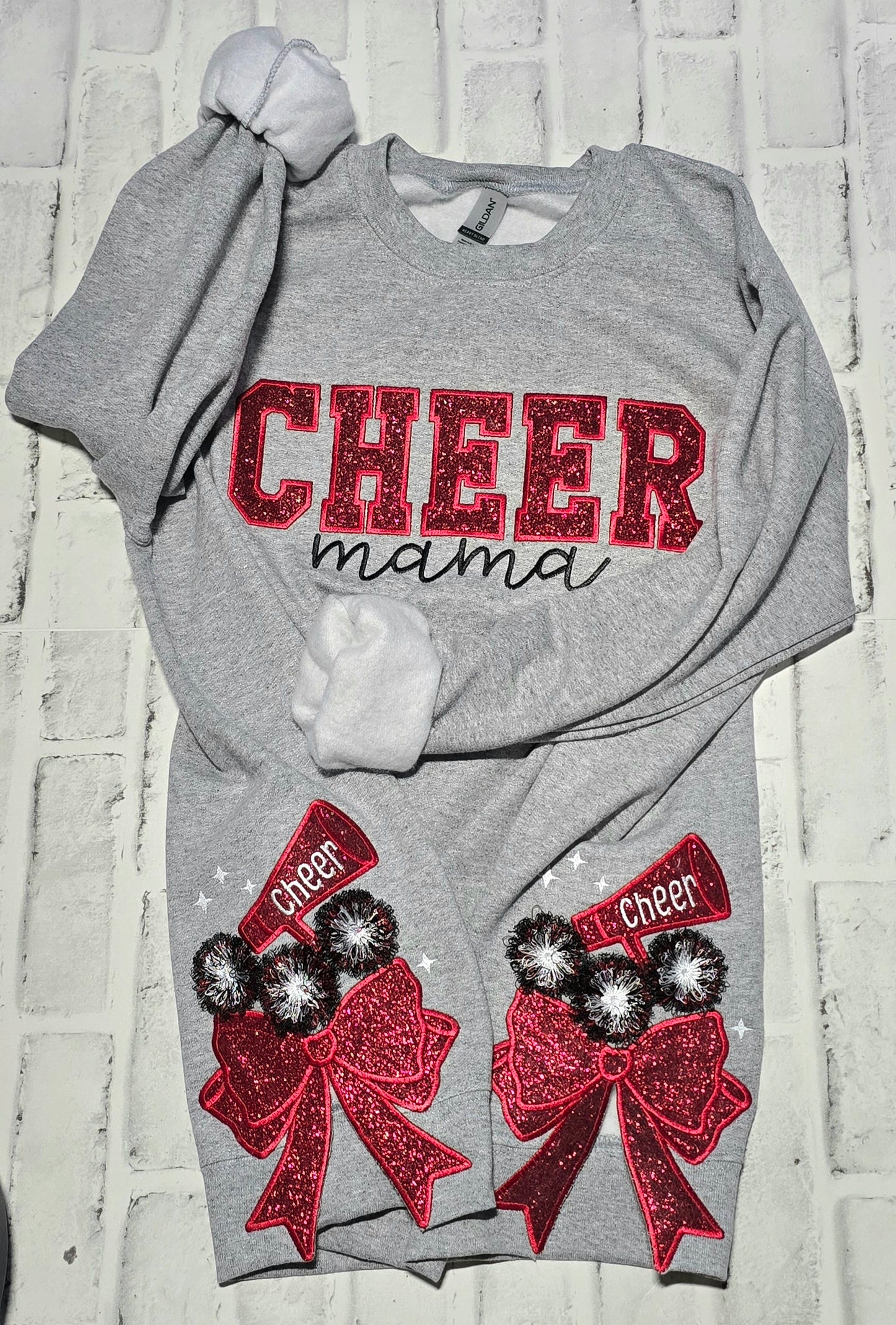 Embroidered Glitter Applique Side Split Bow Fringed Pom Pom Cheer Mama Crewneck Sweatshirt